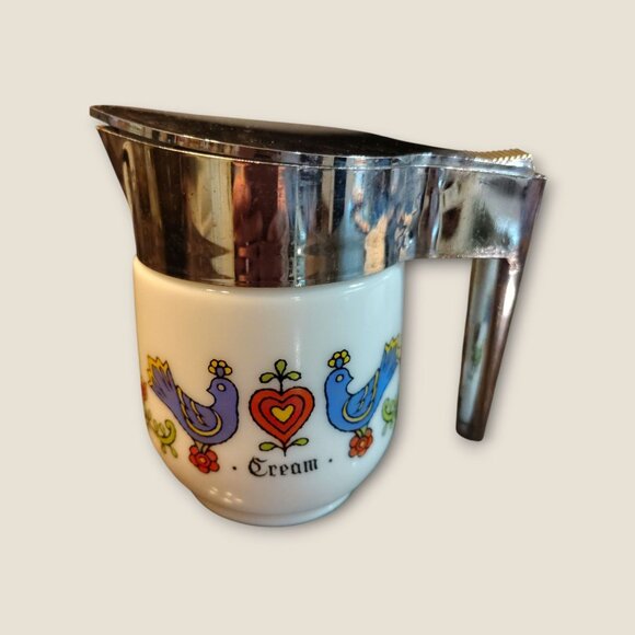 Vintage Gemco Creamer Dispenser With Lid Folk Art Birds & Floral Design Milk Gla - Picture 8 of 8